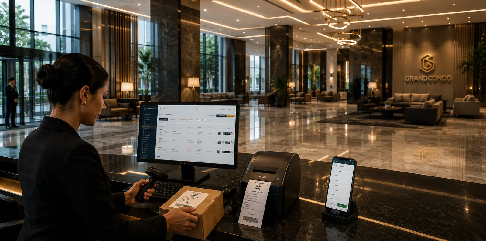 Lobby premium com recepcionista GrandCondo operando o sistema de encomendas