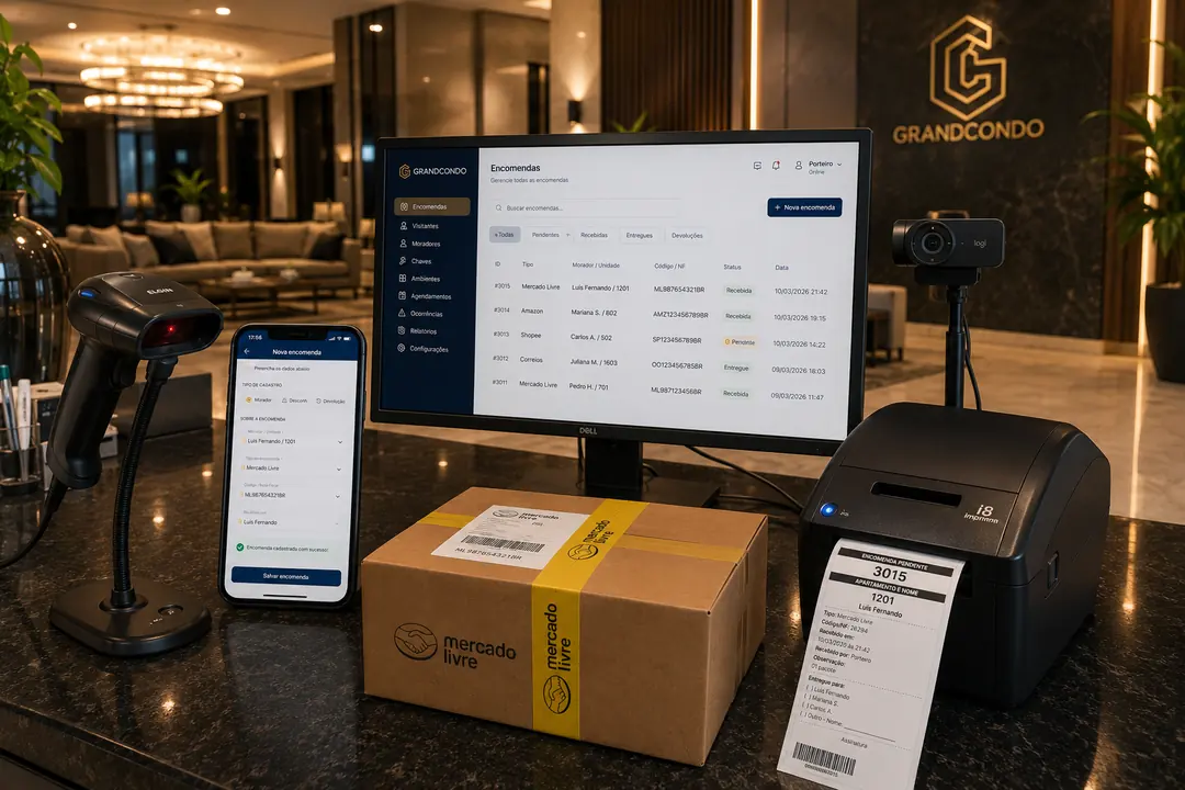 Balcão de portaria GrandCondo com monitor exibindo módulo Encomendas, celular com nova encomenda, leitor de código de barras, webcam e impressora térmica imprimindo etiqueta