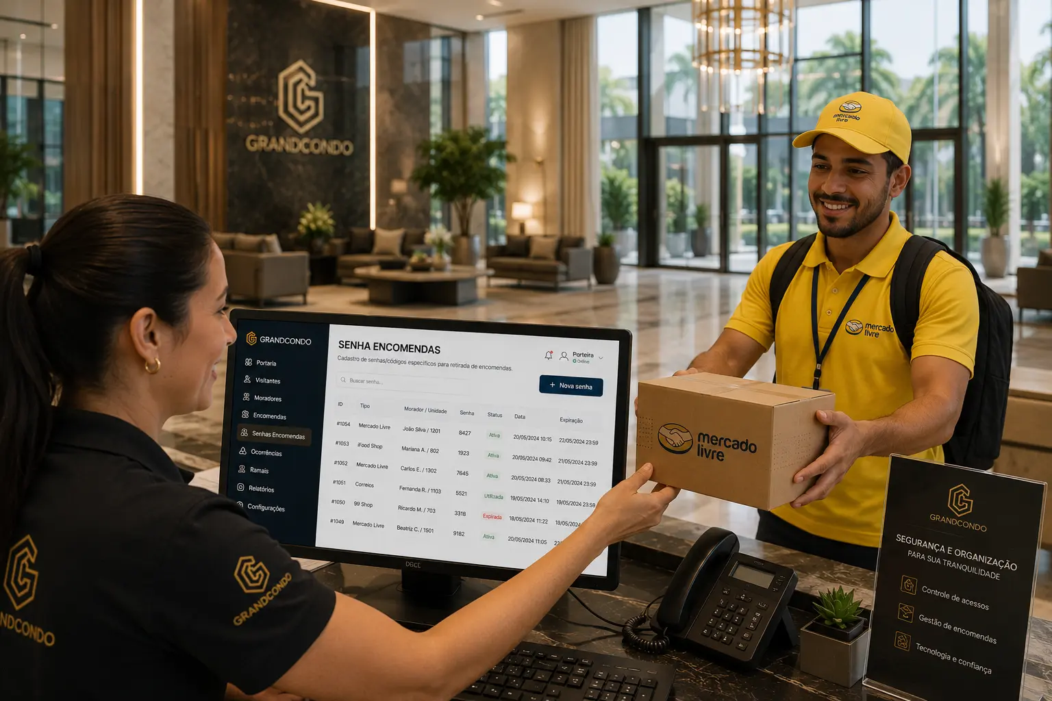 Entregador entregando pacote na portaria com senha de encomenda | Documentos do… Porteira recebe pacote de entregador enquanto a tela mostra o cadastro de senhas de encomendas — condomínio com…