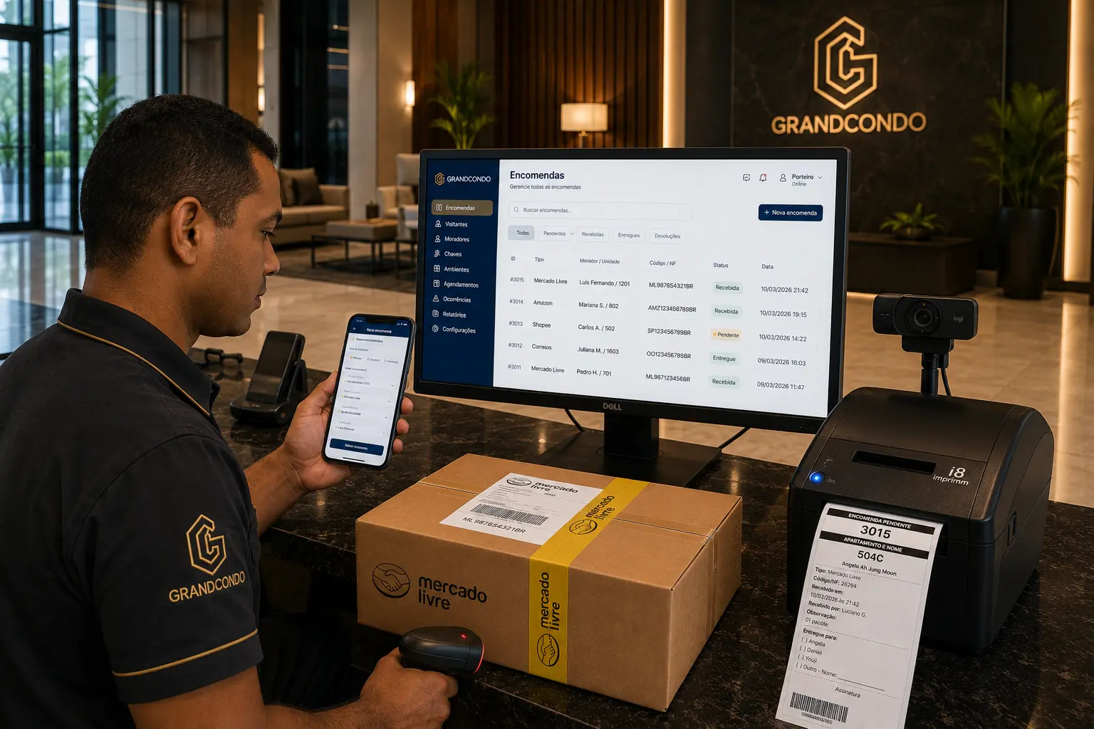 Porteiro consulta o painel de encomendas no computador e no celular enquanto a impressora emite a etiqueta da encomenda
