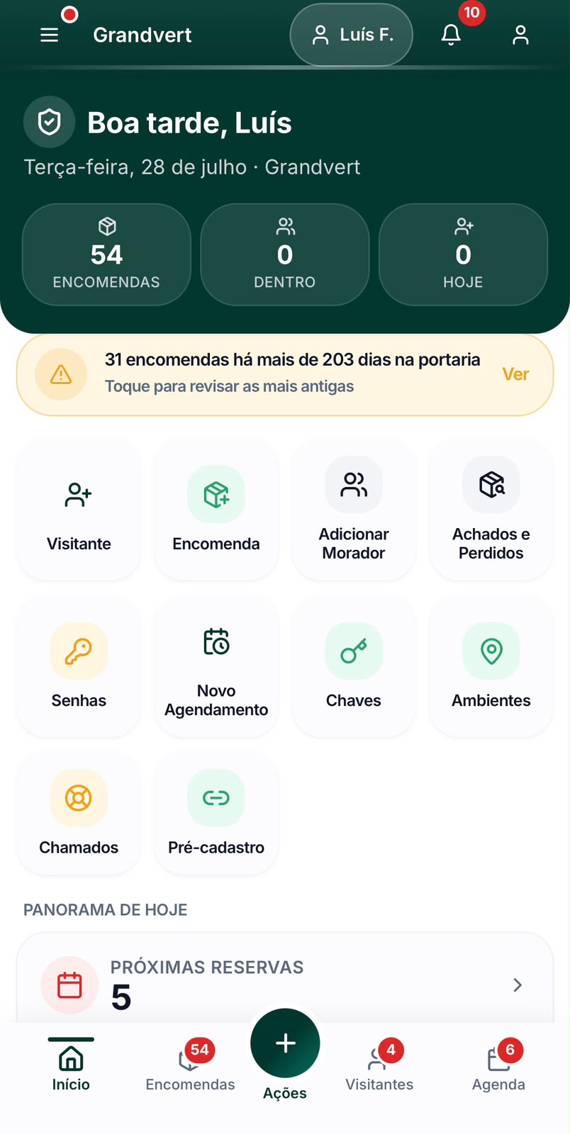 Portaria GrandCondo operando pelo celular: cadastro de encomendas, visitantes, chaves e ocorrências