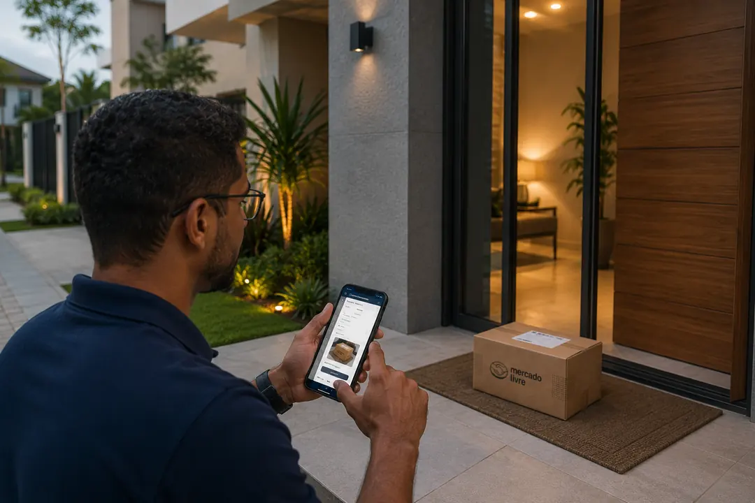 Morador recebendo aviso da portaria pelo WhatsApp em frente à sua casa