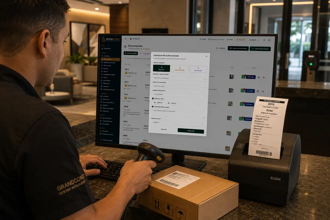 Porteiro registrando encomenda com leitor de código de barras | Sistema para Gestão de… Porteiro cadastra encomenda no sistema GrandCondo usando leitor de código de barras, com impressora térmica emitindo…