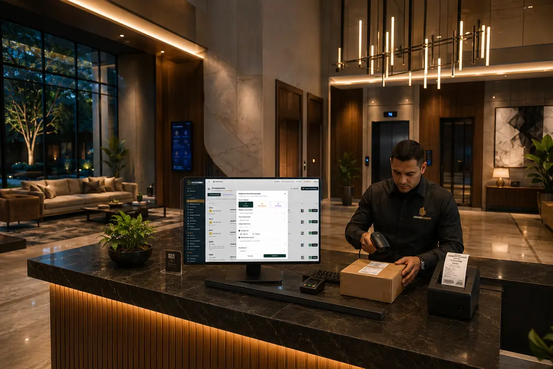 Lobby moderno de condomínio com bancada de portaria, monitor com o sistema de encomendas e impressora de etiquetas