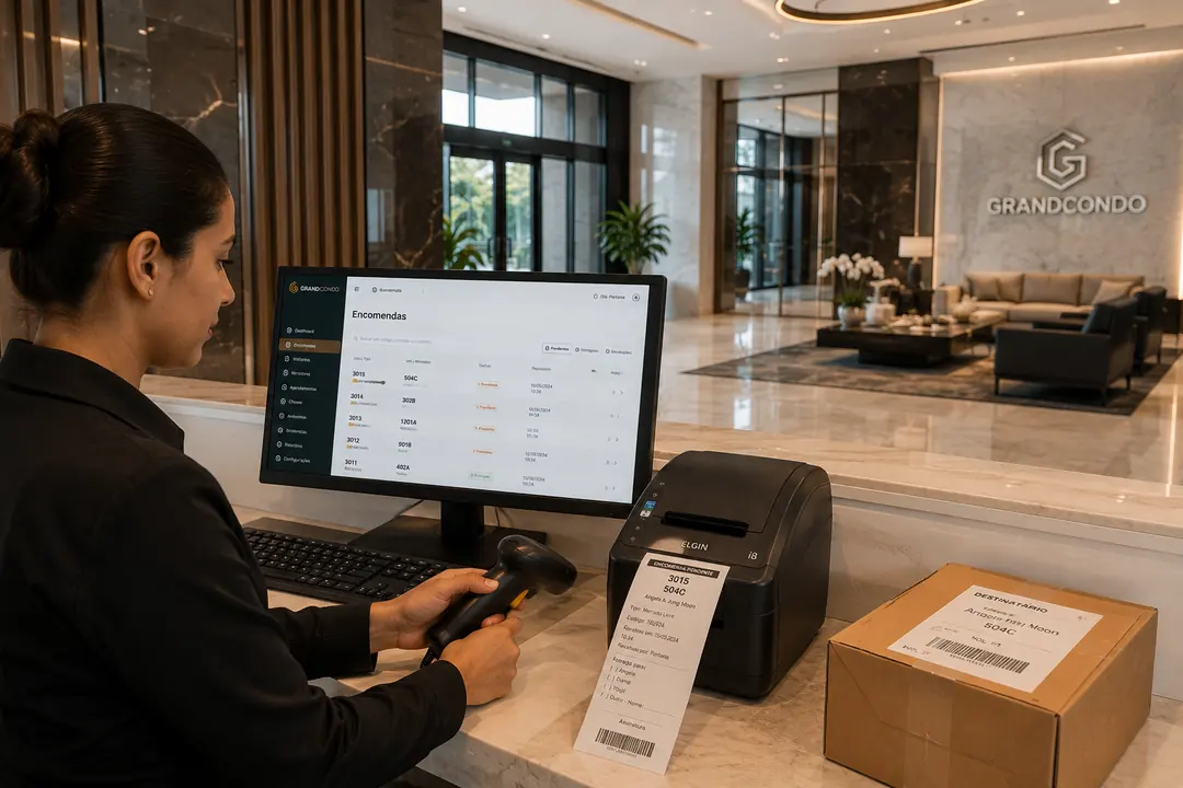 Porteira registrando encomenda no sistema GrandCondo com etiqueta impressa