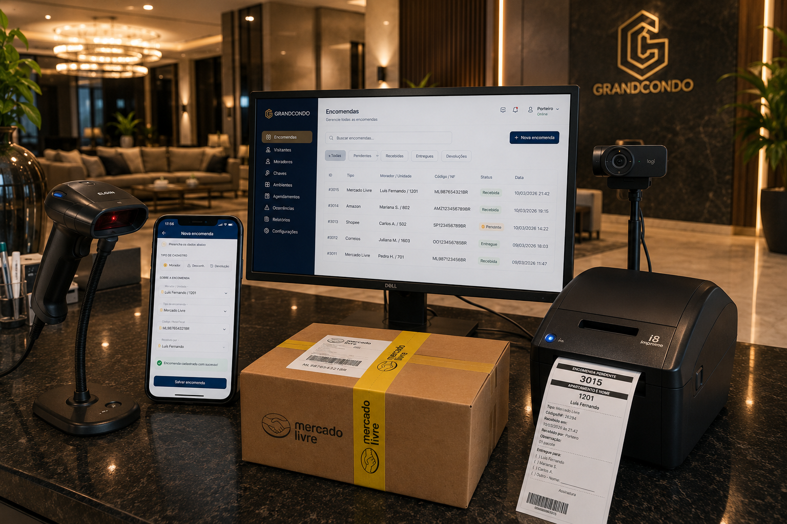 Balcão de portaria GrandCondo com monitor exibindo módulo Encomendas, celular com nova encomenda, leitor de código de barras, webcam e impressora térmica imprimindo etiqueta