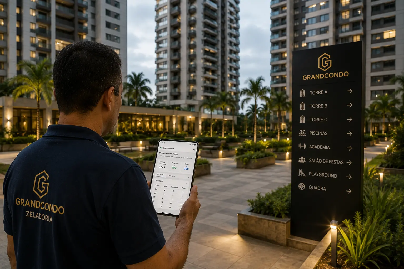 Zelador em frente às torres do condomínio consulta o painel de unidades e vagas pelo celular — Tendências Tecnológicas em Condomínios Modernos