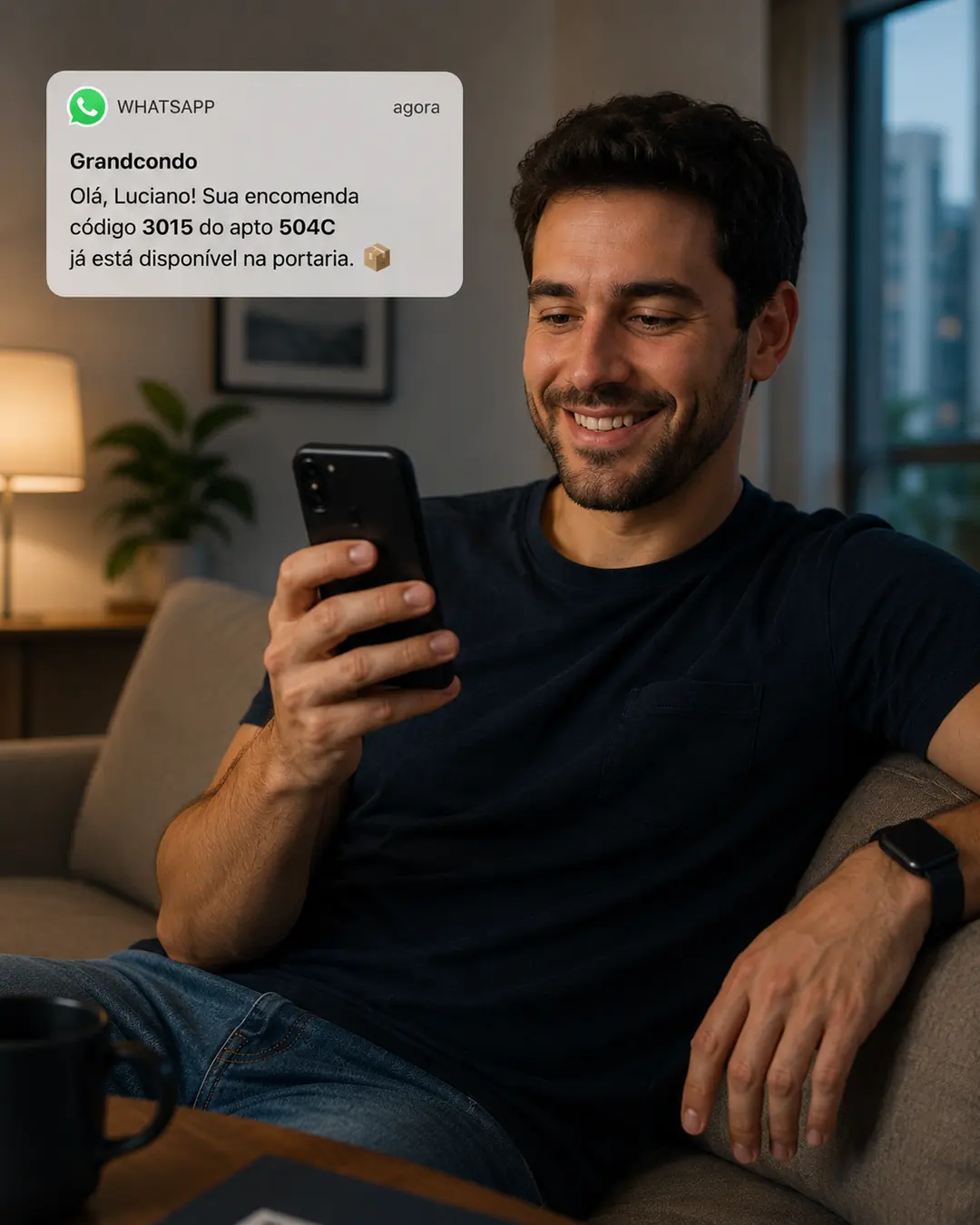 Resident receiving a GrandCondo WhatsApp notification about a package ready for pickup