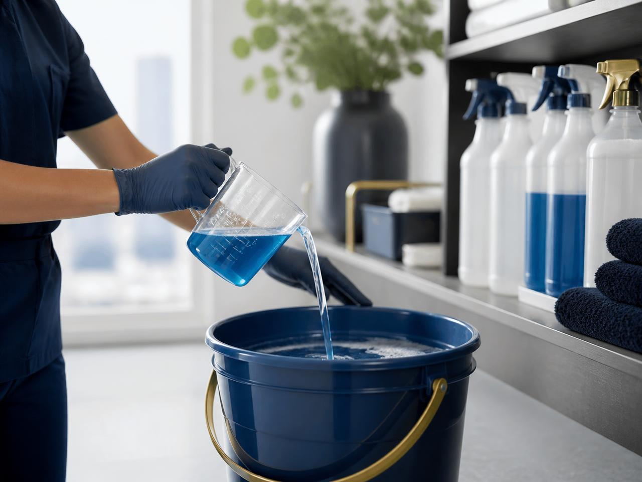 Profissional de limpeza medindo produto concentrado em copo dosador antes da diluição