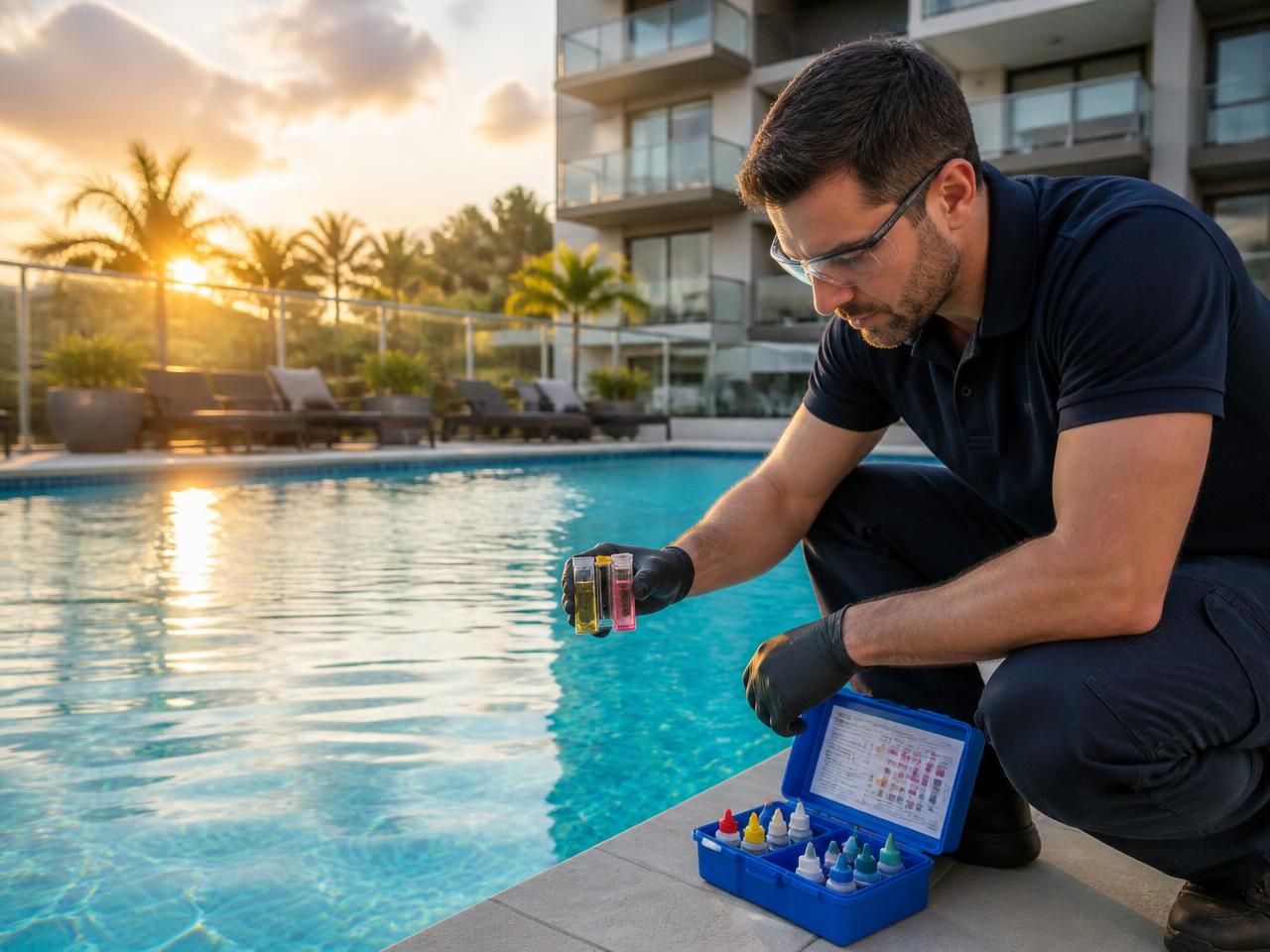 Profissional de manutenção testando o cloro da piscina de um condomínio com kit de análise