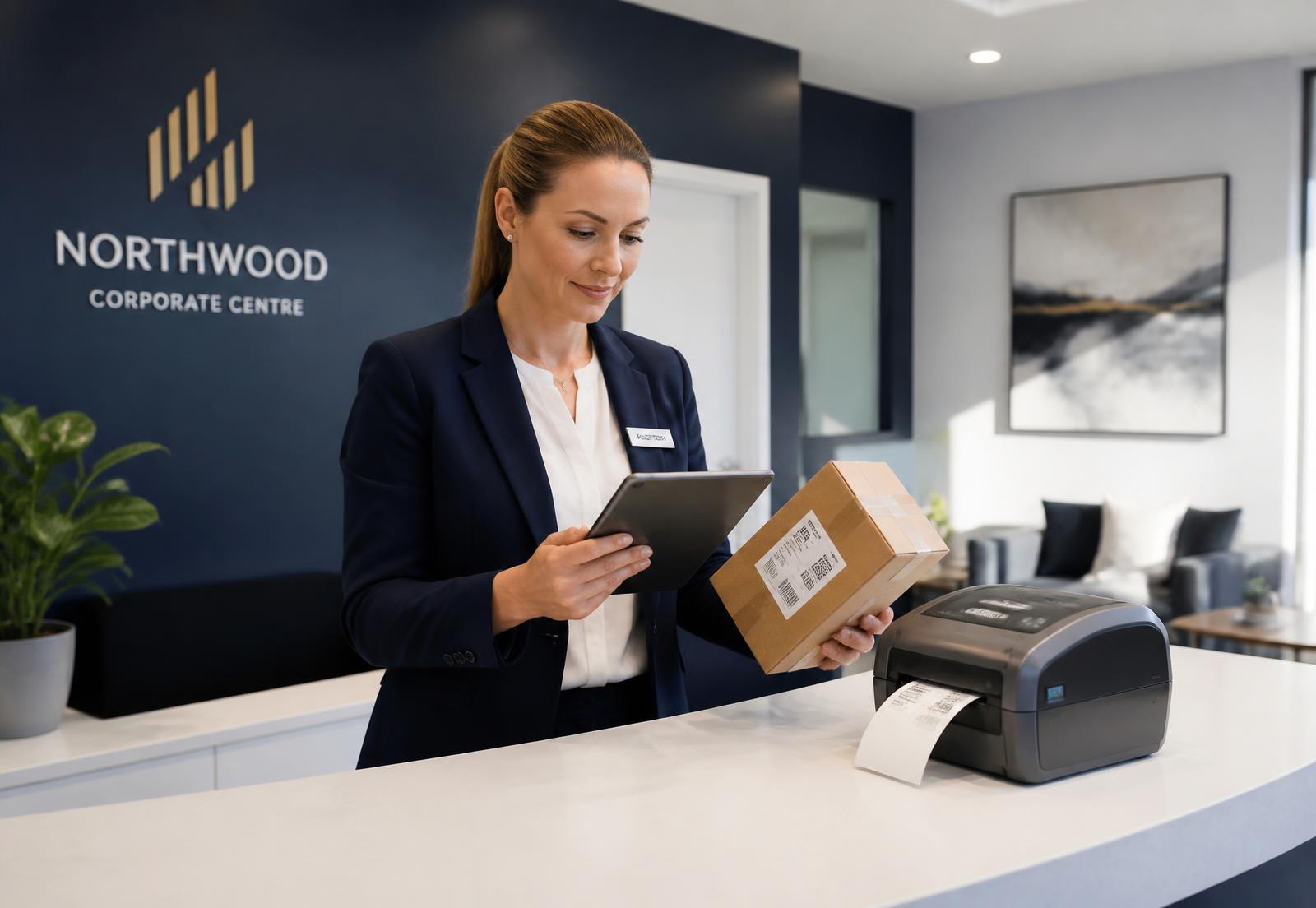 Recepcionista corporativa escaneando o QR Code da etiqueta térmica de uma encomenda com tablet, ao lado da impressora de etiquetas