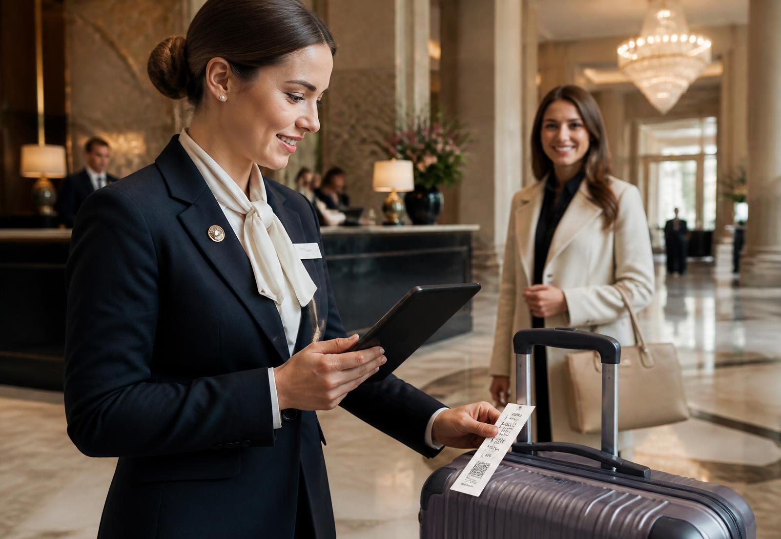 Recepcionista utilizando tablet para escanear o QR Code da etiqueta térmica de uma mala, com hóspede satisfeito ao fundo